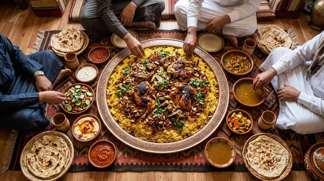 Overhead spread of an authentic Mandi feast with roasted chicken and mutton over golden rice
