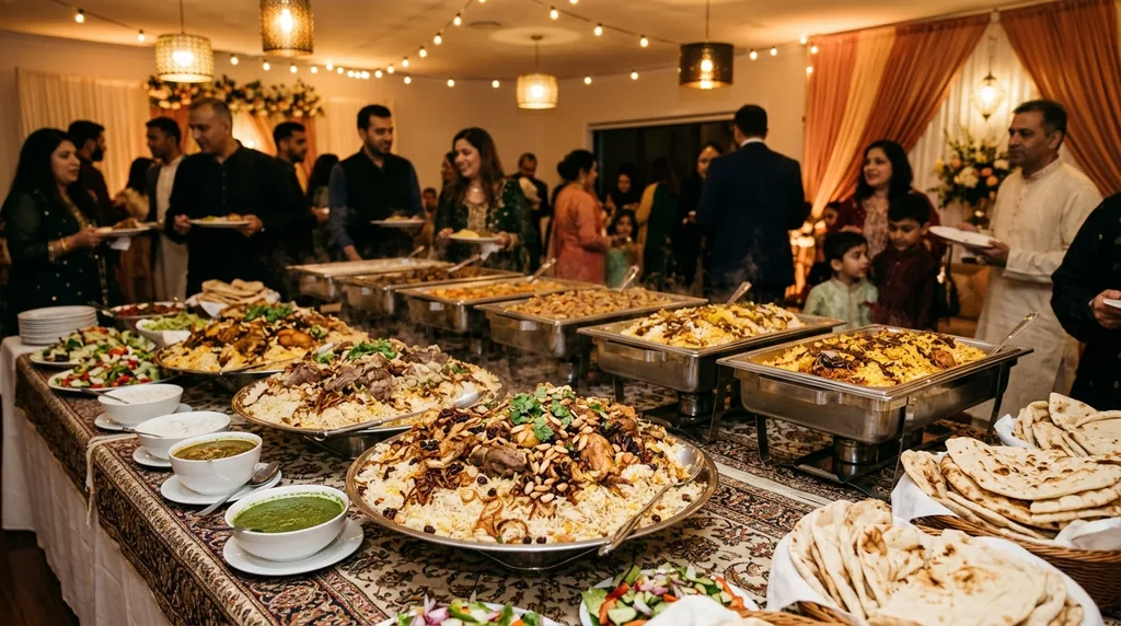 Catering buffet of Mandi platters and biryani trays laid out for a celebration