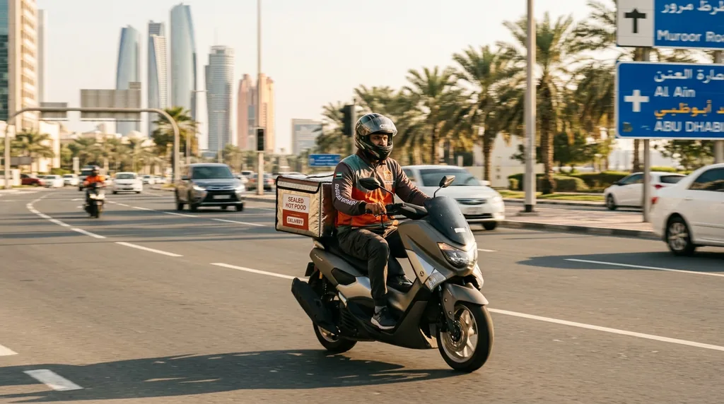 Delivery rider on a motorbike carrying a sealed hot-food bag in Abu Dhabi
